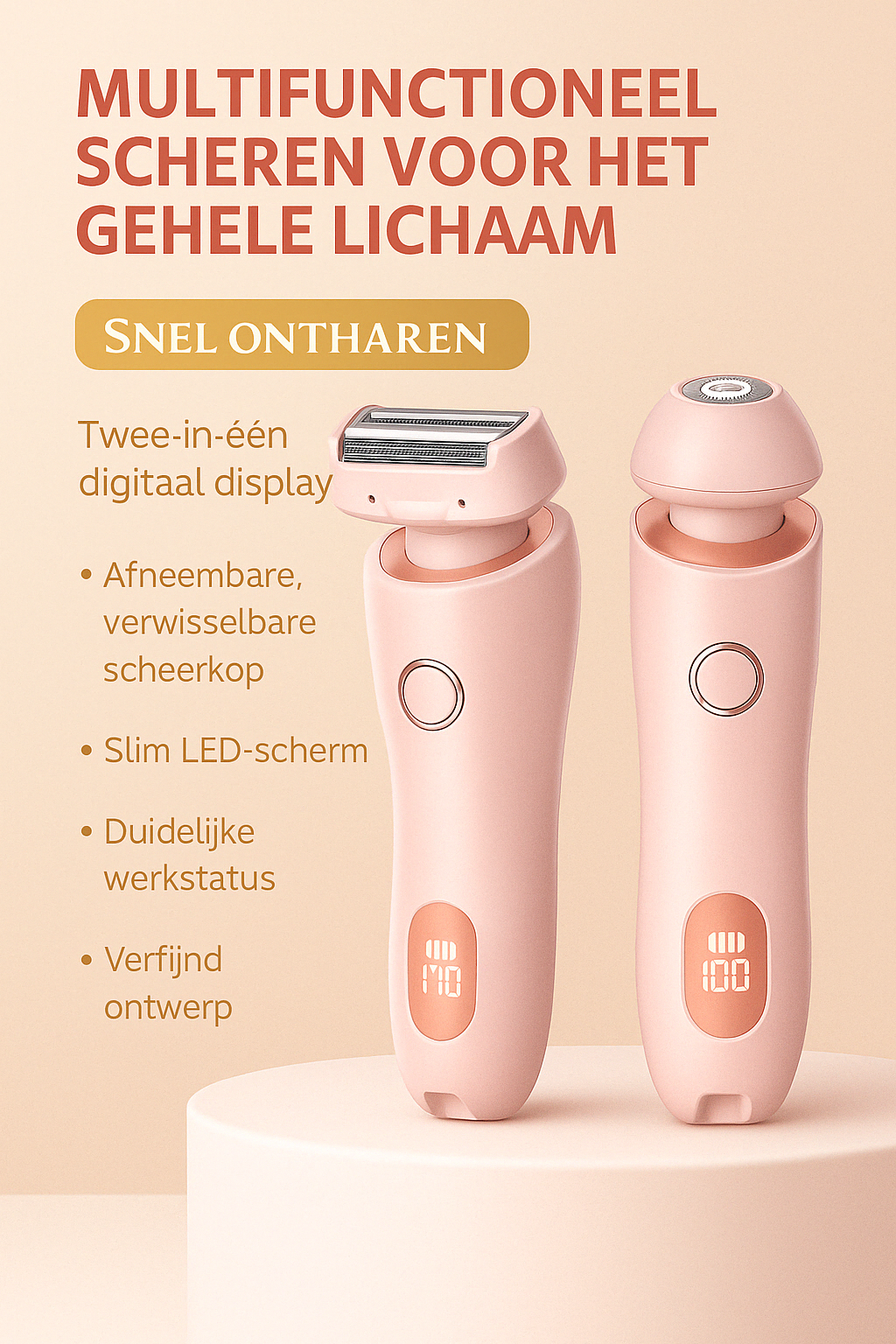 “Roze Venus 2-in-1 ladyshave met verwisselbare scheerkoppen en LED-display, gepresenteerd in een stijlvolle beige achtergrond in The Gadget Vault brandingstijl – ideaal voor snelle, full-body ontharing.”