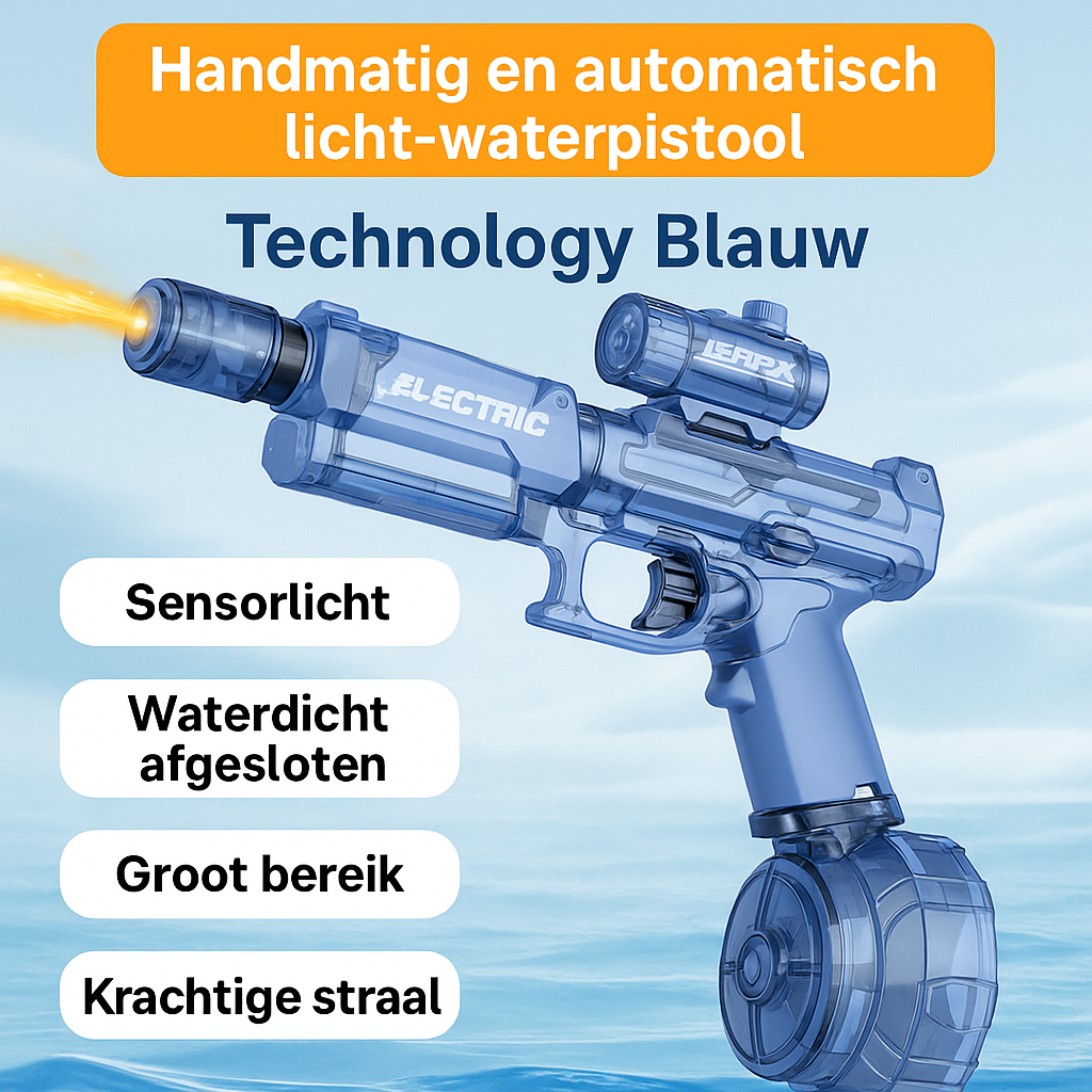 Blauw elektrisch waterpistool met transparante details en sensorlicht, afgebeeld boven een waterthema achtergrond met label “Technology Blue” en kenmerken zoals lange afstand, lekvrije afdichting en krachtige straa