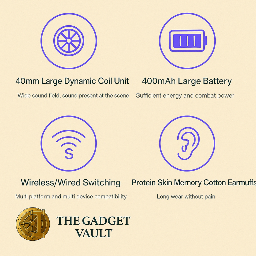 Een grafische visual met vier belangrijke kenmerken van draadloze over-ear hoofdtelefoons. Links bovenaan staat een 40 mm dynamische spoeleenheid, rechtsboven een 400 mAh batterij, linksonder een pictogram voor draadloze/bedrade modus, rechtsonder een oor dat comfort en zachte oorkussens symboliseert.