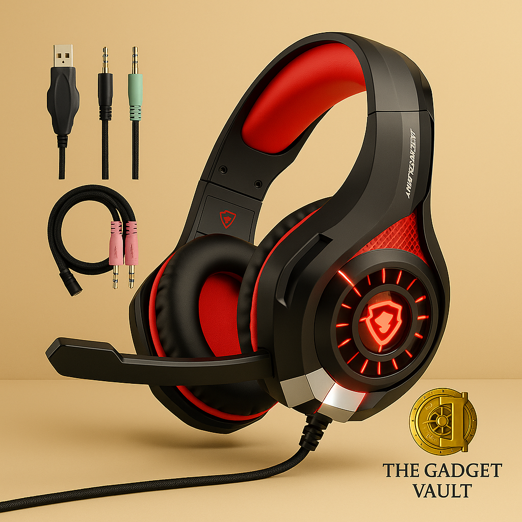 Gaming headset met blauwe oorkussens, verstelbare microfoon en meegeleverde kabels, gepresenteerd op een luxe beige achtergrond met The Gadget Vault-logo