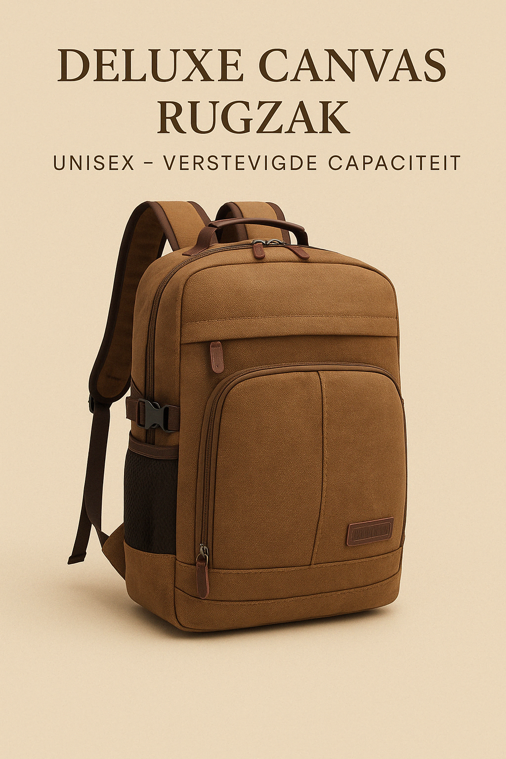 Luxe unisex canvas rugzak in bruin met meerdere vakken, stevige ritsen en lederen details, gepresenteerd op een beige achtergrond.