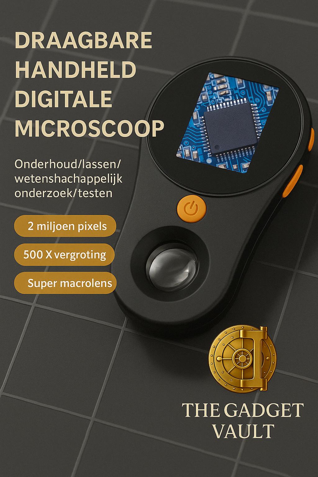 Draagbare Handheld Digitale Microscoop – zwart model met scherm, macro lens en vergroot beeld van een microchip op werktafel. Nederlandstalige infotekst met specificaties zichtbaar.