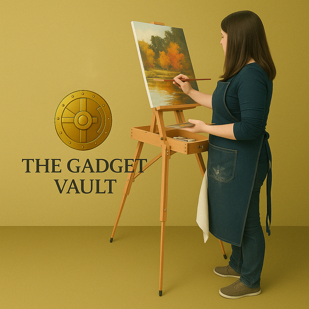 Vrouw schildert herfstlandschap op houten opvouwbare ezel met lade, voor een beige achtergrond met het logo van The Gadget Vault links in beeld.