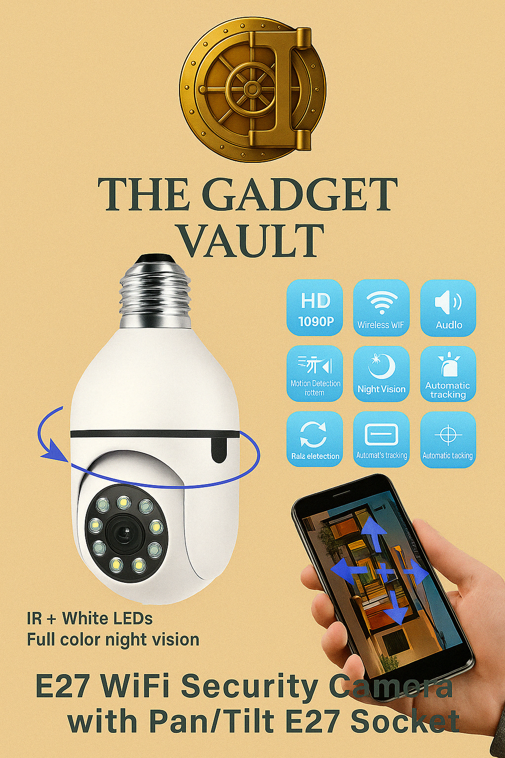 Promotionele visual van een E27 WiFi Beveiligingscamera met Full HD-resolutie, pan/tilt-functie, IR + witte LED’s voor nachtzicht, en bediening via smartphone-app. De afbeelding toont de slimme lampvormige camera met rotatiepijlen en bedieningsscherm op een mobiel toestel, geplaatst op een zachte paarse achtergrond