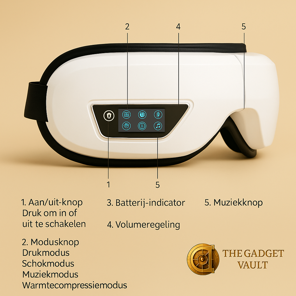 Witte draadloze oogmassagebril met digitaal bedieningspaneel, weergegeven op beige achtergrond met Nederlandstalige uitleg bij knoppen en functies. Onderaan het logo van The Gadget Vault in goud.