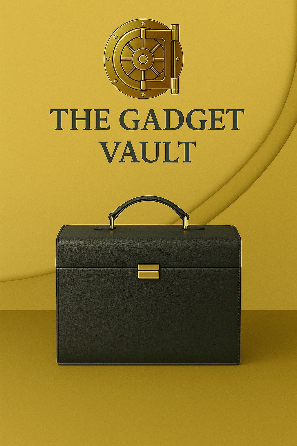 Zwarte lederen sieradendoos met goudkleurig slot en handvat, afgebeeld van achteren tegen een goudgele achtergrond met het logo van The Gadget Vault erboven.