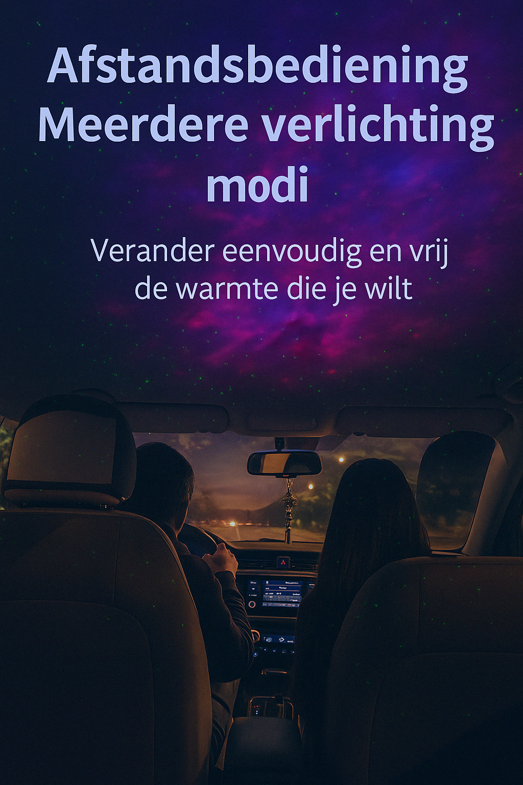 Visual in luxe beige stijl met projectie van sterrenlicht in een auto-interieur, met Nederlandstalige tekst: “Afstandsbediening – Meerdere lichtstanden. Wissel eenvoudig en kies de sfeer die jij wil.” Inclusief The Gadget Vault-logo.