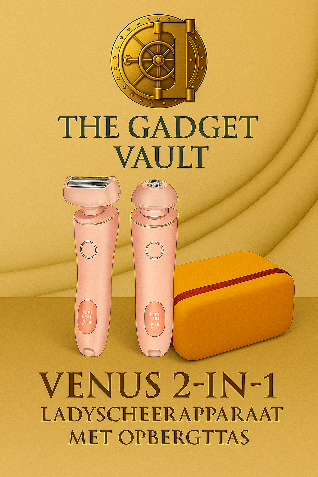 De Venus 2-in-1 Ladyscheerapparaat met LED-display en stijlvolle opbergtas, elegant gepresenteerd op een goudkleurige achtergrond met het kluislogo van The Gadget Vault – ideaal voor reizen en dagelijkse verzorging.