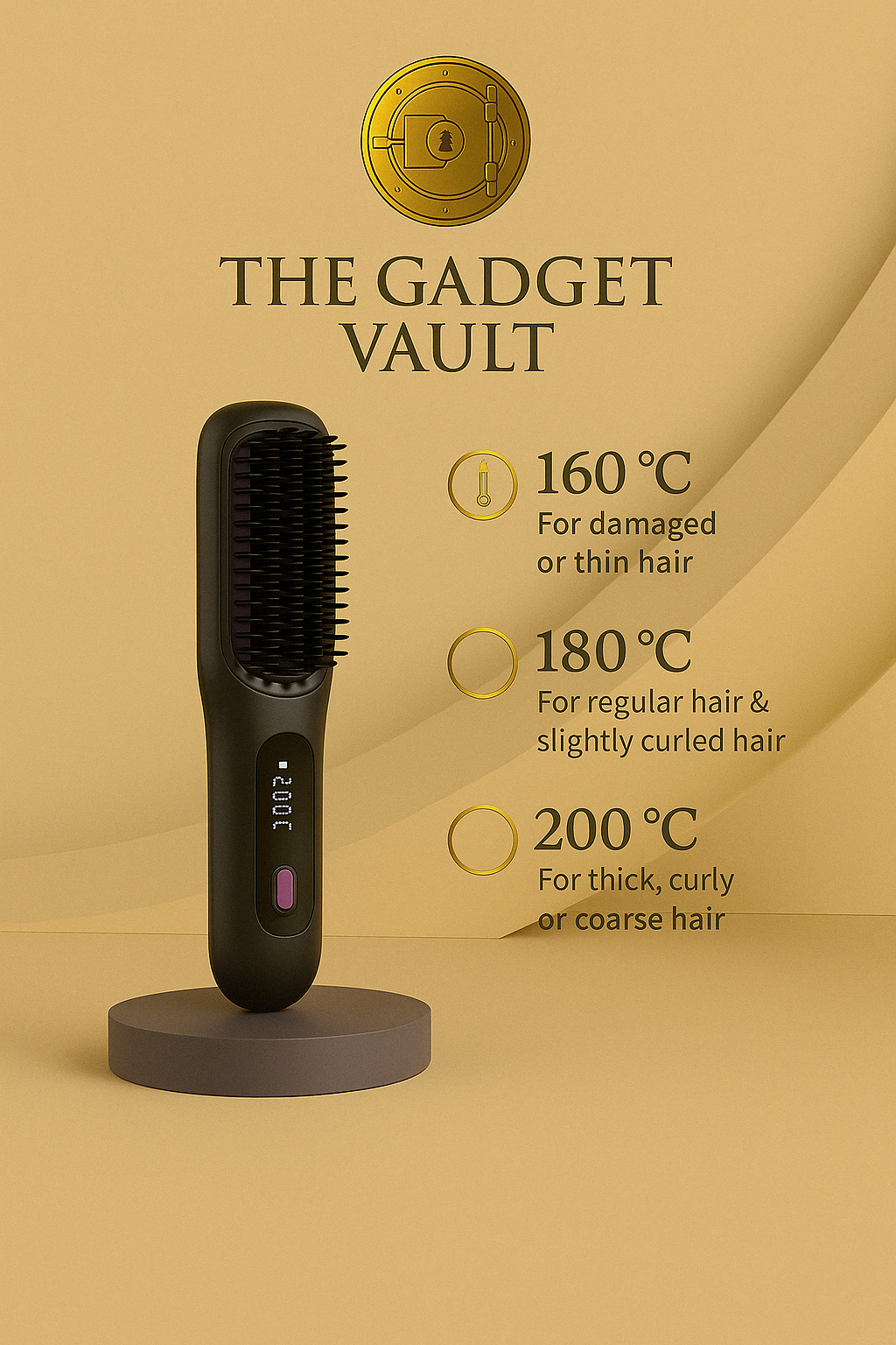Een luxueuze productvisual toont een zwarte draadloze 2-in-1 stijltangborstel met keramische tanden, elegant geplaatst op een beige podium met het gouden kluislogo van The Gadget Vault erboven. De visual benadrukt de drie warmtestanden (160°C, 180°C en 200°C), geschikt voor dun, normaal en dik/krullend haar.