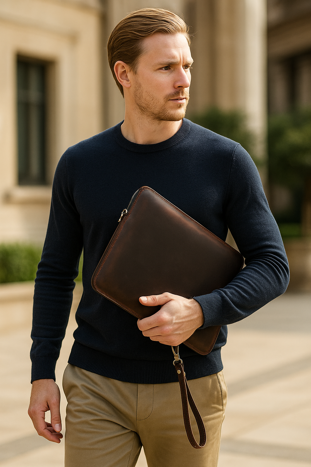 Blonde man van rond de dertig in een marineblauwe trui en beige broek, lopend door een stedelijke omgeving terwijl hij een donkerbruine leren laptopsleeve in de hand draagt. De achtergrond toont klassieke architectuur onder zacht zonlicht.
