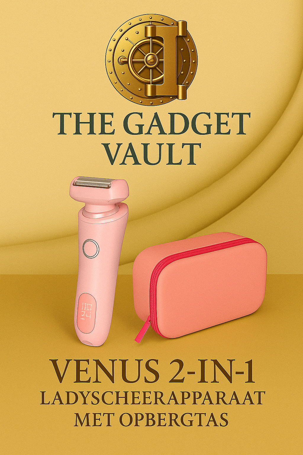 Luxe digitale productvisual van The Gadget Vault toont het Venus 2-in-1 ladyscheerapparaat in zachtroze, samen met een bijpassende roze opbergtas met fuchsia rits, geplaatst op een elegante goudgele achtergrond met het gouden kluislogo erboven.