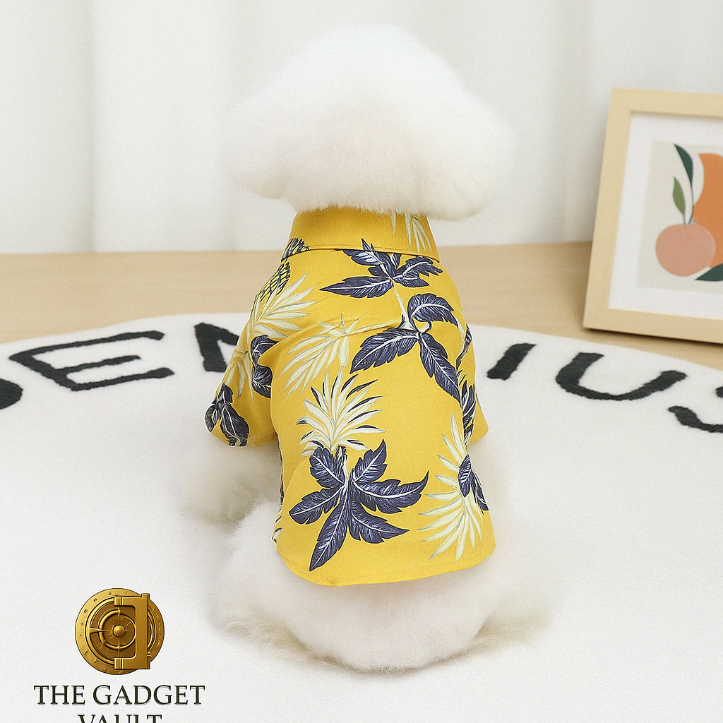 Een witte, pluizige hond gefotografeerd van achteren in een geel Hawaiian-stijl hondenshirt met tropische print, zittend op een wit vloerkleed met subtiel The Gadget Vault-logo linksonder.