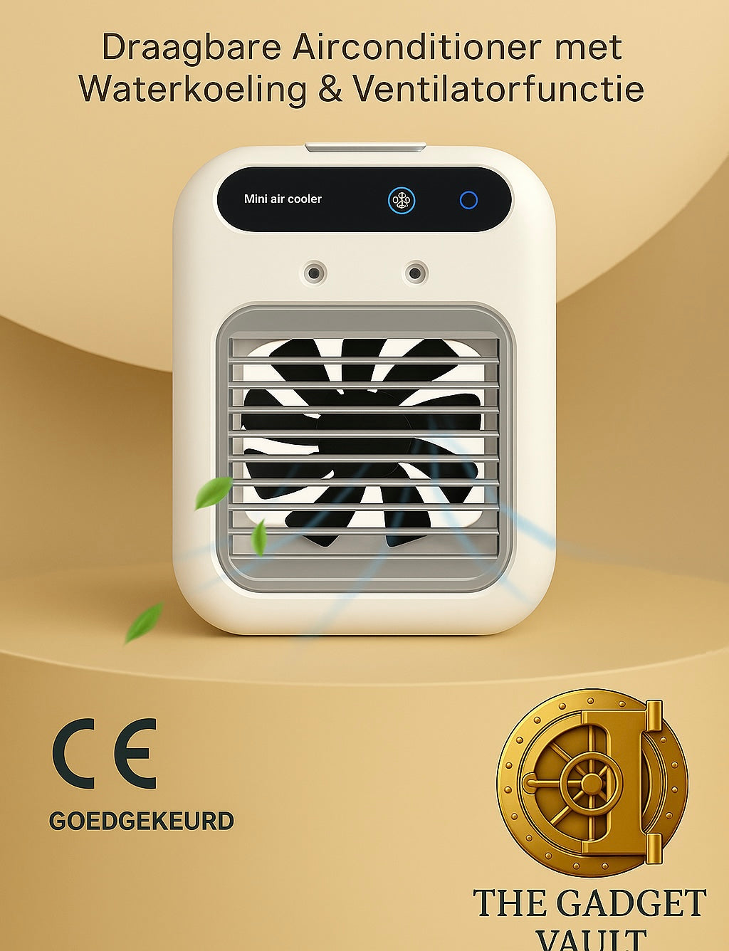Digitale visual van de LumiFreeze™ Mini Aircooler, een compacte witte luchtkoeler met ventilatierooster en touchscreenbediening. De afbeelding toont het officiële CE-keurmerk en het logo van The Gadget Vault op een luxe beige achtergrond.