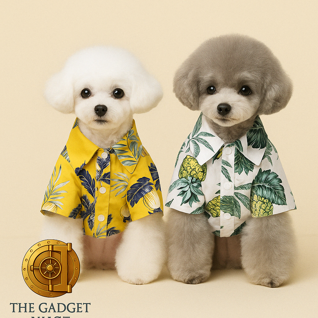 Twee kleine honden poserend in gele en witte Hawaiian-stijl hondenshirts met tropische print, op een licht interieurdecor met subtiel The Gadget Vault-logo linksonder.
