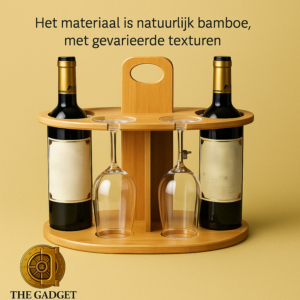 Luxe bamboe wijnrek met twee wijnflessen en glazen, elegant gepresenteerd op witte achtergrond met logo van The Gadget Vault in goud. Het rek is gemaakt van natuurlijk bamboe met unieke texturen.