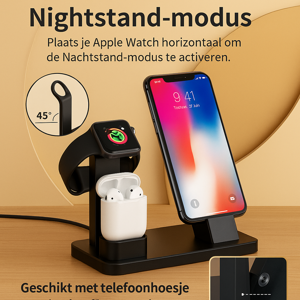 Zwart 3-in-1 oplaadstation voor smartphone, Apple Watch en AirPods, met Nederlandse instructies over Nightstand-modus en geschiktheid voor telefoonhoesjes, gepresenteerd op een warme houten ondergrond met gouden achtergrond.