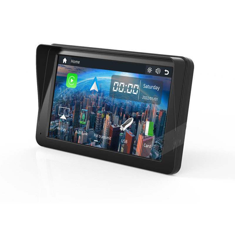 Draadloos CarPlay en Android Auto display op een zwarte standaard, gepresenteerd op een beige achtergrond met het gouden logo van The Gadget Vault rechtsonder.