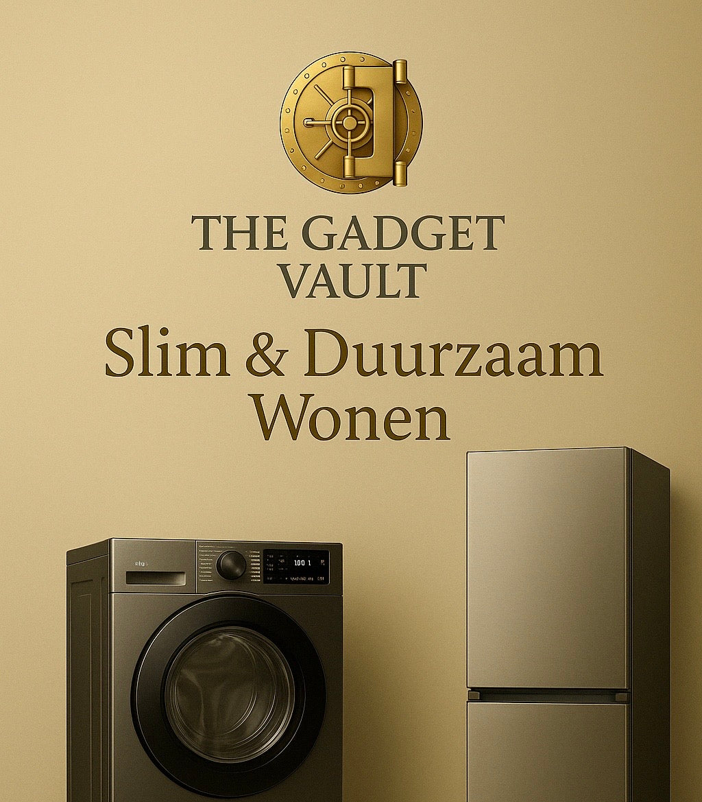 Digitale promotieafbeelding voor de categorie “Slim & Duurzaam Wonen” van The Gadget Vault, met een stijlvolle wasmachine en energiezuinige koelkast op een matte goud/beige achtergrond, afgewerkt met het herkenbare kluislogo bovenaan.