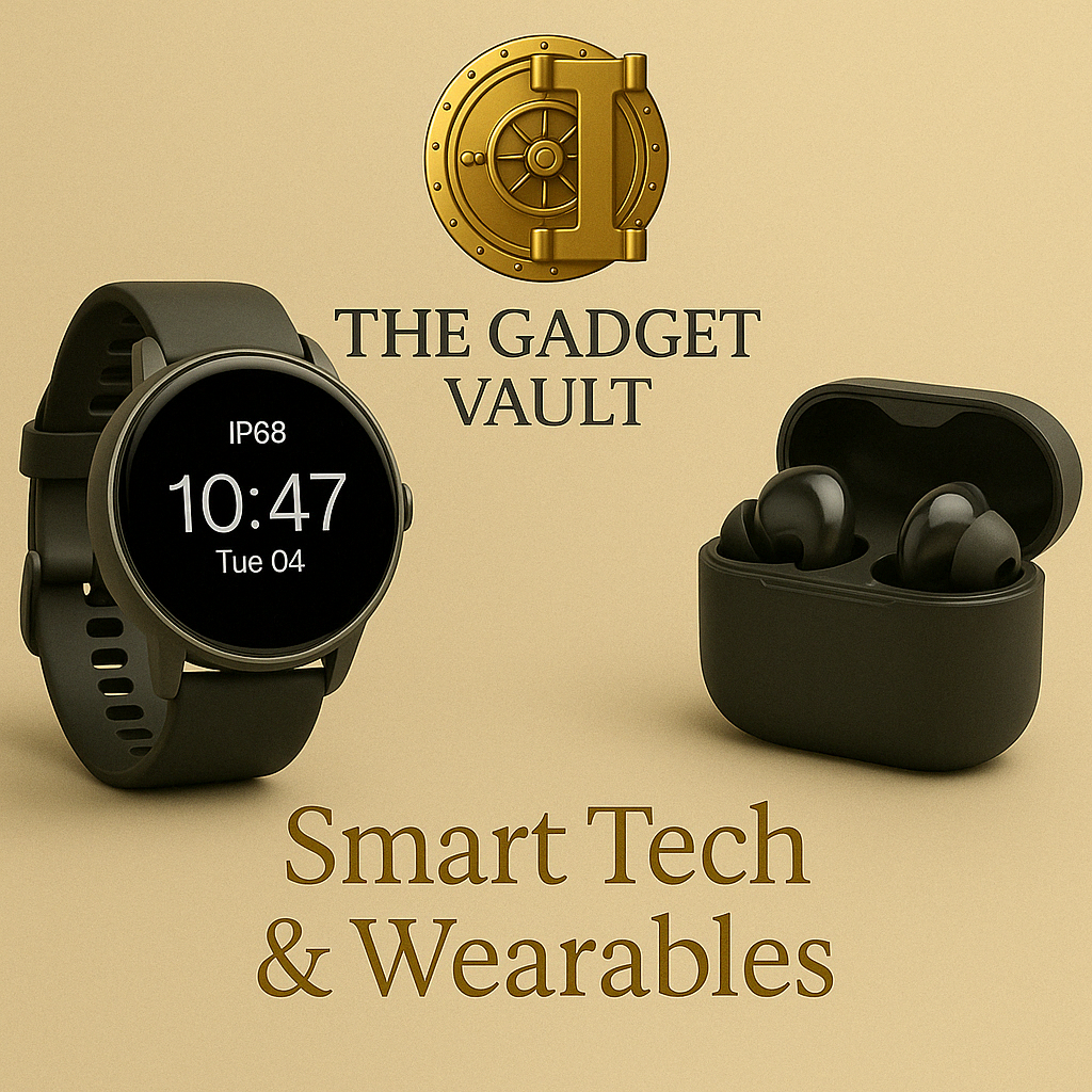 Luxe visual van The Gadget Vault met smartwatch en draadloze oortjes op beige achtergrond – met goud kluislogo en tekst “Smart Tech & Wearables.