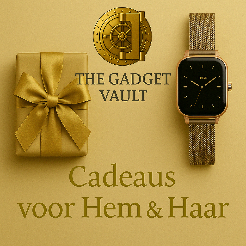 Luxe visual van The Gadget Vault met gouden cadeaudoos en stijlvolle smartwatch op beige achtergrond – met kluislogo en tekst “Cadeaus voor Hem & Haar”.