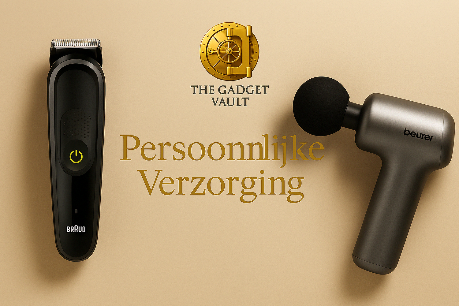 Visual van The Gadget Vault met Braun tondeuse en Beurer massageapparaat op beige achtergrond – met gouden kluislogo en tekst “Persoonlijke Verzorging”.