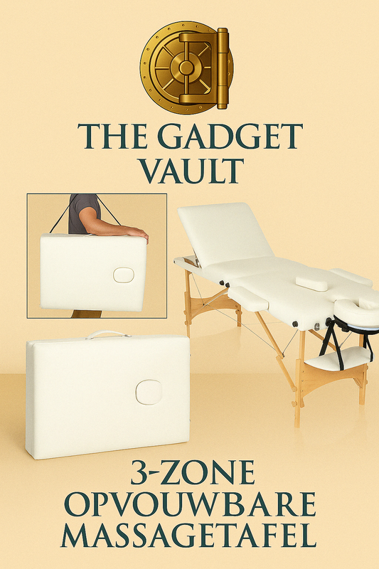 Draagbare en opvouwbare 3-zone massagetafel in beige kleur met houten frame, inclusief draagtas en ingeklapte kofferweergave – gepositioneerd in luxe brandingstijl.”