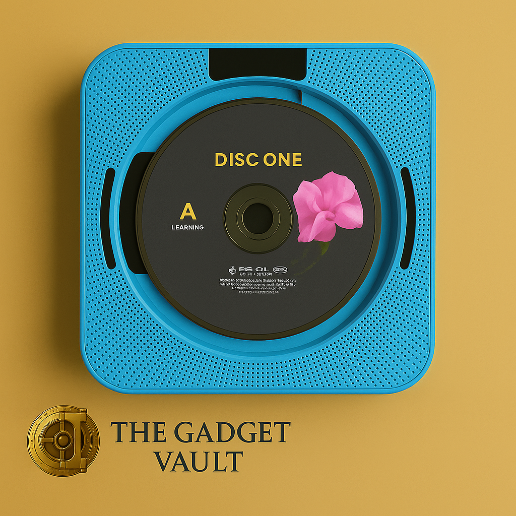 Heldere blauwe vierkante CD-speler met open disc-lade en ingebouwde luidsprekers, stijlvol gepresenteerd op een luxe beige achtergrond met The Gadget Vault-logo linksonder.