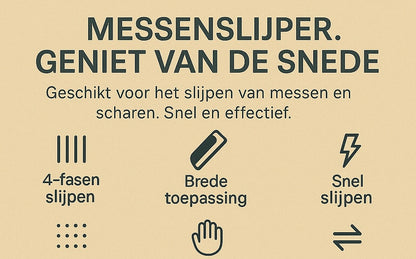 Promotionele visual in goud/beige stijl van The Gadget Vault met de belangrijkste kenmerken van een elektrische messenslijper, waaronder 4-traps slijpen, brede toepasbaarheid, snelle werking, antislipbasis, comfortabel handvat en vervangbaar mes.