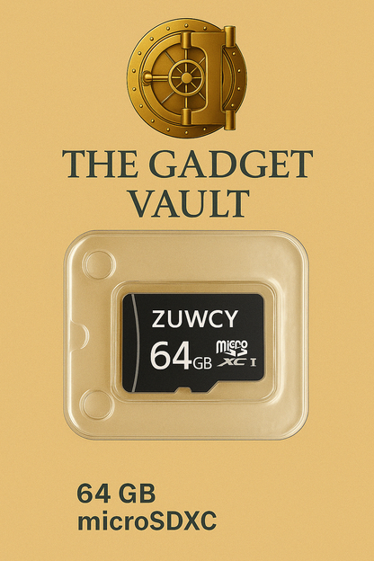 ZUWCY 64 GB microSD-geheugenkaart in luxe verpakking – geschikt voor Full HD-opnames, bewakingscamera’s en mobiele apparaten, getoond op een beige achtergrond met het gouden kluislogo van The Gadget Vault.