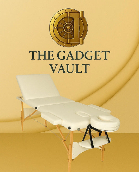 Luxe 3-zone opvouwbare massagetafel met houten onderstel en crèmekleurige bekleding, gepresenteerd in The Gadget Vault brandingstijl.