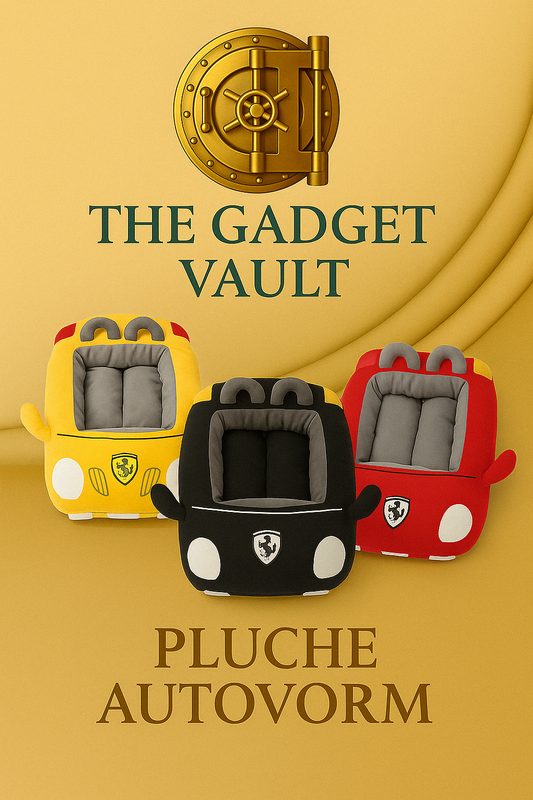 Luxe kattenmanden in de vorm van een sportauto – rood, geel en zwart – stijlvol gepresenteerd op beige achtergrond met gouden brandingaccenten van The Gadget Vault.