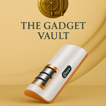 Digitale productvisual van een elektrische messenslijper in wit-met-koperkleurige afwerking, gepresenteerd op een luxe beige achtergrond met het gouden kluislogo van The Gadget Vault volledig zichtbaar bovenaan.