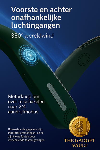 Close-up van een draagbare bladloze nekventilator met 360° luchtstroom en afzonderlijke luchtkanalen voor en achter, gepresenteerd op een blauwe futuristische achtergrond met Nederlandse promotietekst.