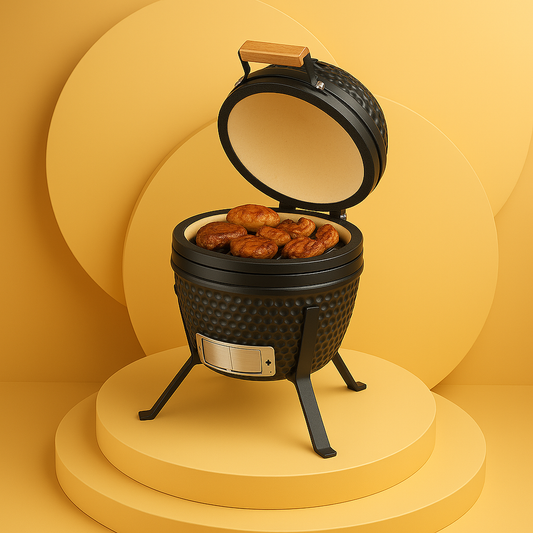 Luxe 3D-visualisatie van een compacte zwarte kamado-barbecue, gevuld met gegrild vlees, gepresenteerd op ronde, beige platforms tegen een warme gele achtergrond.