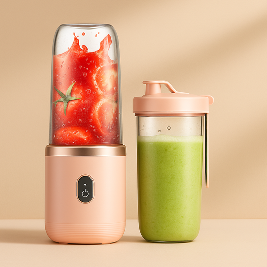 Luxe draagbare blender met dubbele bekers in zachtroze uitvoering, met groentesmoothie en fruitsap, ideaal voor onderweg of thuisgebruik.