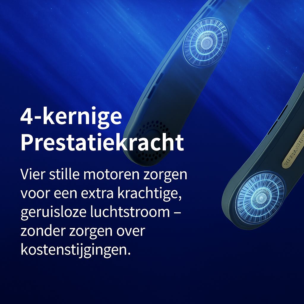 Promotionele afbeelding van een bladloze draagbare nekventilator met vier krachtige motoren, die blauwe luchtstromen uitstralen tegen een dynamische blauwe achtergrond, ontworpen voor krachtige en stille verkoeling.
