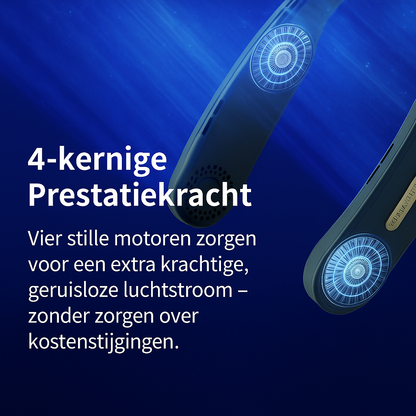 Promotionele afbeelding van een bladloze draagbare nekventilator met vier krachtige motoren, die blauwe luchtstromen uitstralen tegen een dynamische blauwe achtergrond, ontworpen voor krachtige en stille verkoeling.