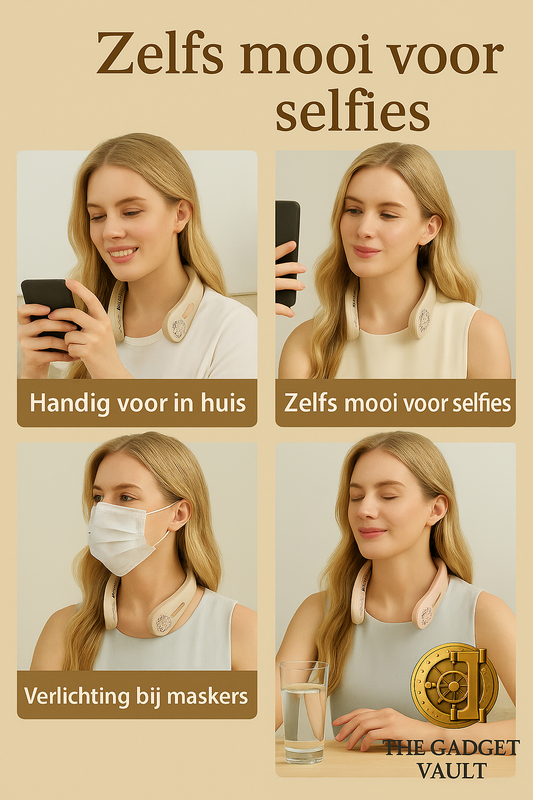 Promotionele afbeelding van een blonde vrouw die een draagbare nekventilator draagt, vertaald naar het Nederlands, met het logo van The Gadget Vault in de hoek.