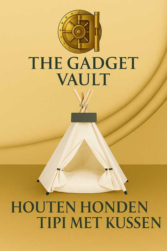 Digitale visual van een houten honden tipi met kussen, afgebeeld op een beige achtergrond met het gouden kluislogo van The Gadget Vault erboven. Het ontwerp straalt luxe en warmte uit en toont het product in maat S voor kleine huisdieren.