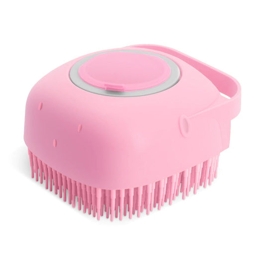 Roze siliconen shampoo- en massageborstel voor huisdieren, met zeepdispenserfunctie en zachte nopjes.