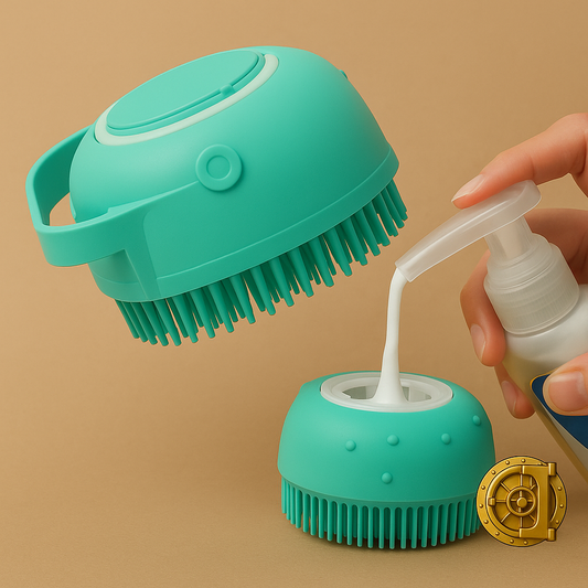 Turquoise siliconen shampoo- en massageborstel voor huisdieren, met zeepdispenserfunctie en zachte nopjes, afgebeeld op beige achtergrond met gouden kluislogo van The Gadget Vault rechtsonder. Een hand vult de borstel met vloeibare zeep via een pompflacon.