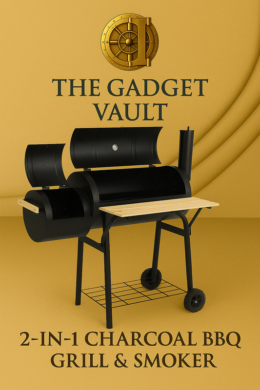 Zijaanzicht van een luxe 2-in-1 houtskoolbarbecue en smoker met houten zijplank en wieltjes, gepresenteerd in de gouden brandingstijl van The Gadget Vault.