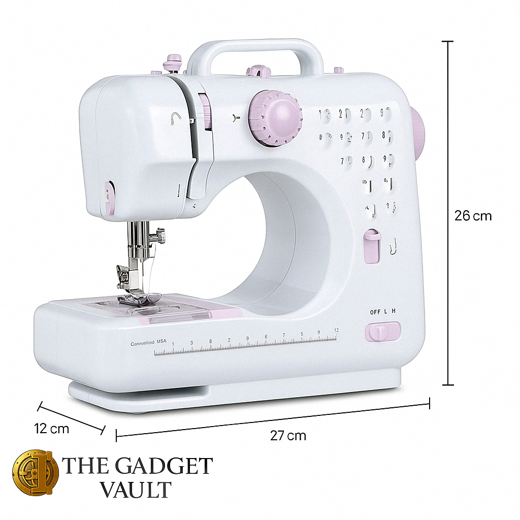 Luxe compacte naaimachine met accessoires – 27 x 12 x 26 cm – 12 steekpatronen – wit met lavendelpaars – ideaal voor beginners – The Gadget Vault