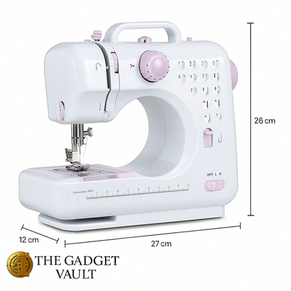 Luxe compacte naaimachine met accessoires – 27 x 12 x 26 cm – 12 steekpatronen – wit met lavendelpaars – ideaal voor beginners – The Gadget Vault