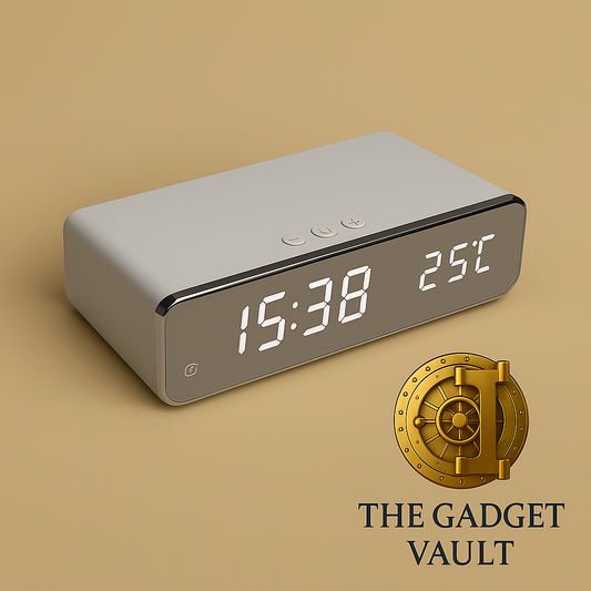 Moderne LED alarmklok met draadloze oplader, thermometer en HD-spiegelweergave, gepresenteerd op een luxe beige achtergrond met het gouden kluislogo van The Gadget Vault rechtsonder.