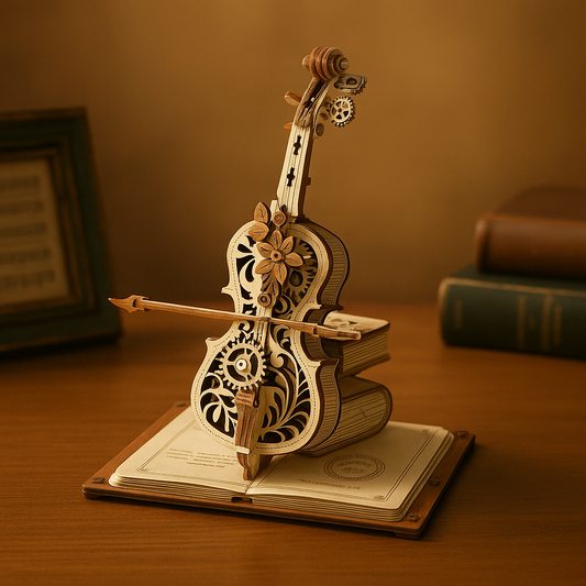 Een houten 3D-puzzelmodel van een cello op een vintage boekbasis, met fijne tandwielen en bloemdetails, geplaatst op een donkergroene tafel met een zachte, artistieke achtergrond in warme tinten.