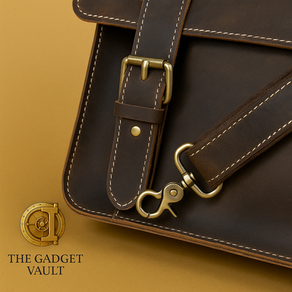 Close-up van een Crazy Horse leren aktetas met stevige stiksels, messing gesp en afneembare schouderriem, afgebeeld op een goudgele achtergrond. Het kluislogo van The Gadget Vault is subtiel zichtbaar linksonder.
