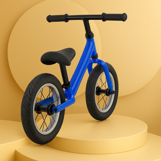 Achteraanzicht van een blauwe loopfiets voor kinderen, geplaatst op een goudkleurig podium met een beige achtergrond, zonder logo of branding in beeld.