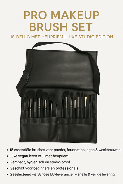 18-delige professionele make-upkwastenset in een zwarte vegan leren etui met heupriem, ideaal voor visagisten en beautyliefhebbers. De kwasten zijn netjes gerangschikt in individuele vakjes.