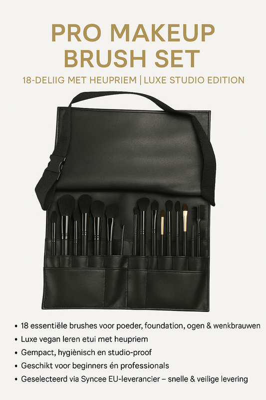 18-delige professionele make-upkwastenset in een zwarte vegan leren etui met heupriem, ideaal voor visagisten en beautyliefhebbers. De kwasten zijn netjes gerangschikt in individuele vakjes.
